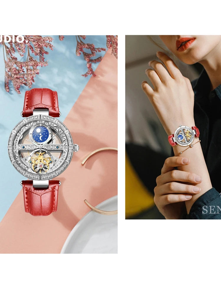 Skeleton Automatic Leather Women Watch