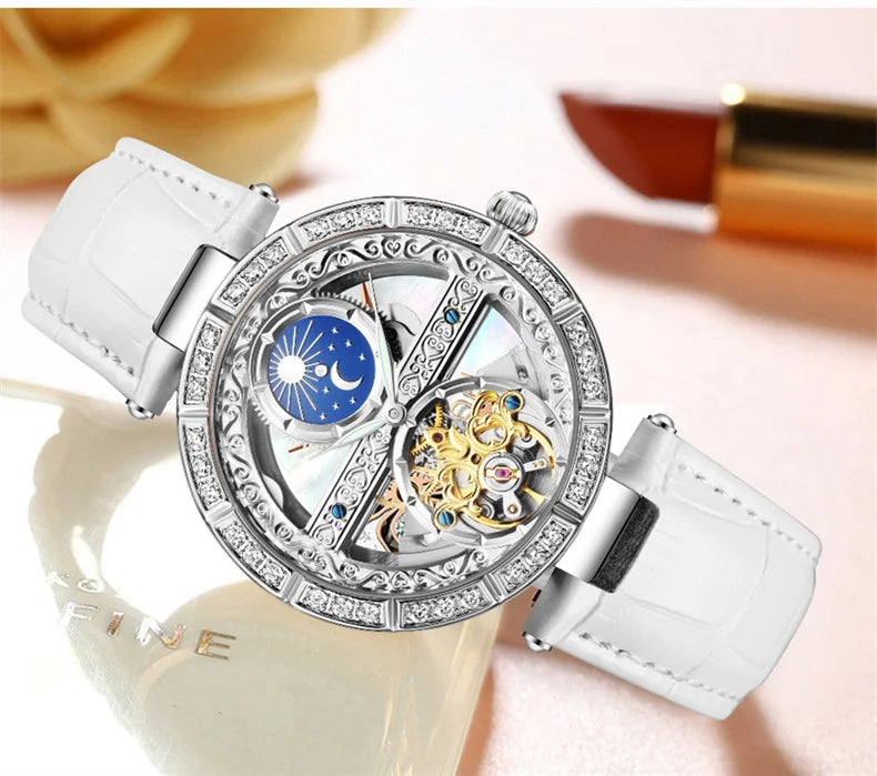 Skeleton Automatic Leather Women Watch