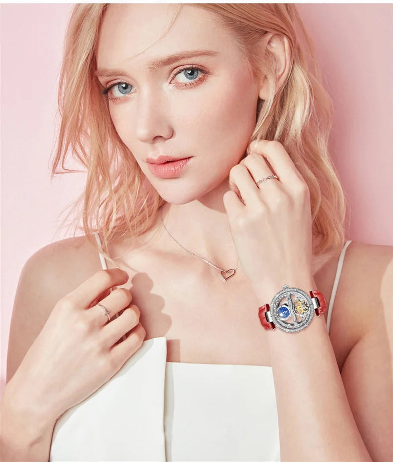 Skeleton Automatic Leather Women Watch